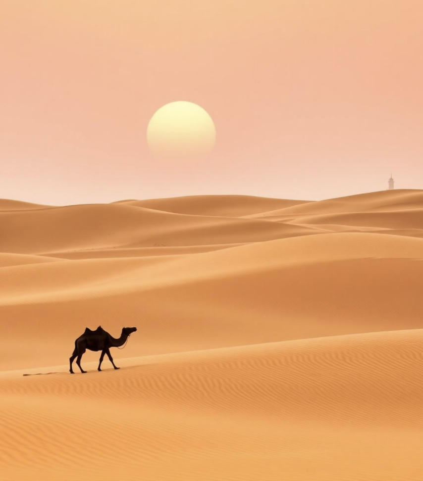 Camel in Dubai desert at sunset